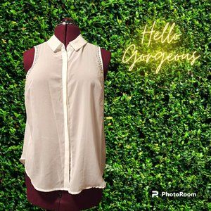 L'Amour Nanette Lepore White Sheer Sleeveless Studded Button Up Blouse Size XL